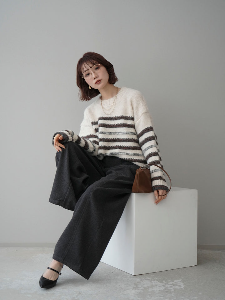 [SET]ステッチボーダーニットプルオーバー+ベルト付起毛コクーンパンツ(2set)