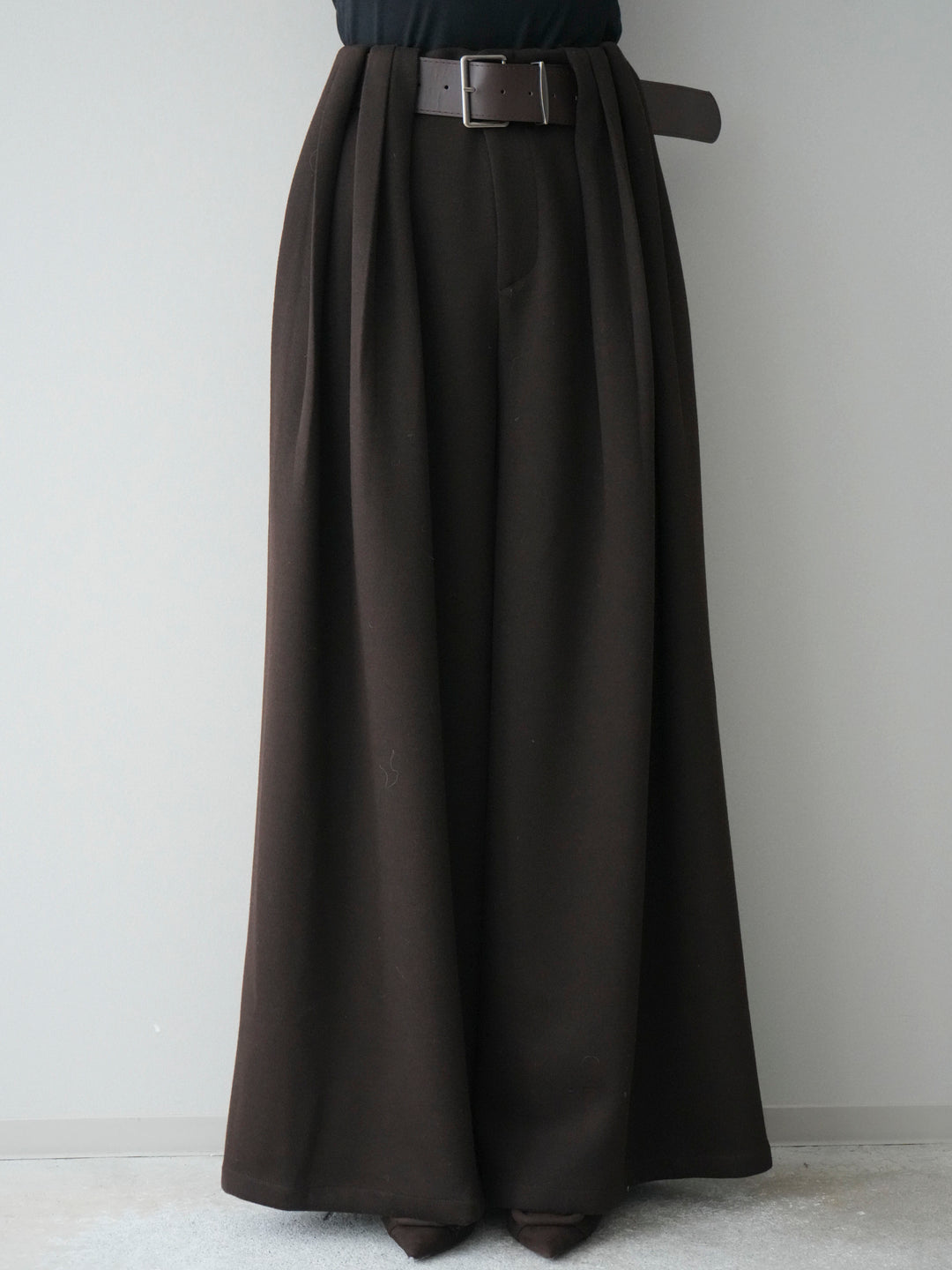 [予約]ベルトデザインループウールワイドパンツ(ベルト付)/brown