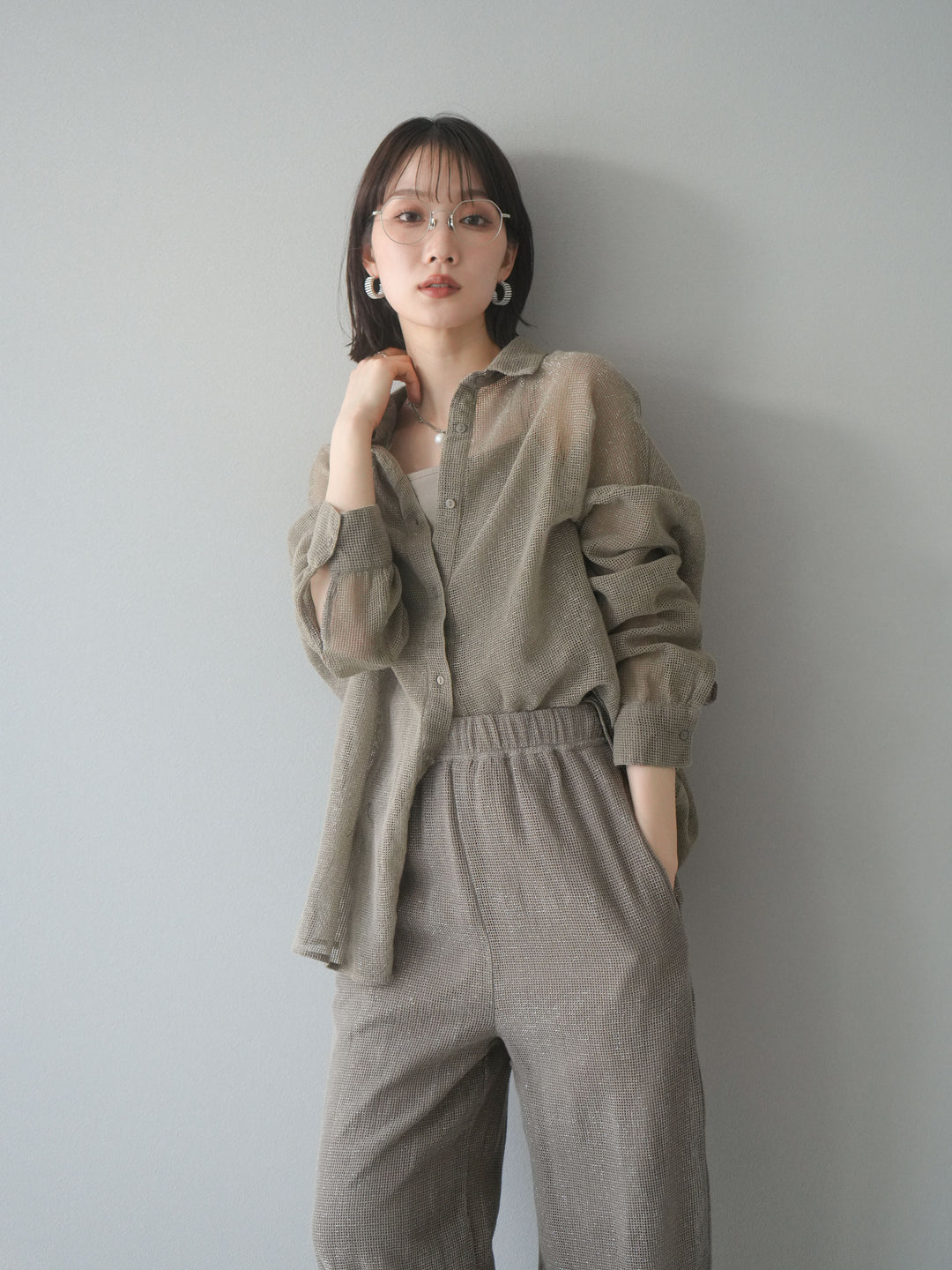 [予約]コットンラメメッシュオーバーシャツ/ベージュ