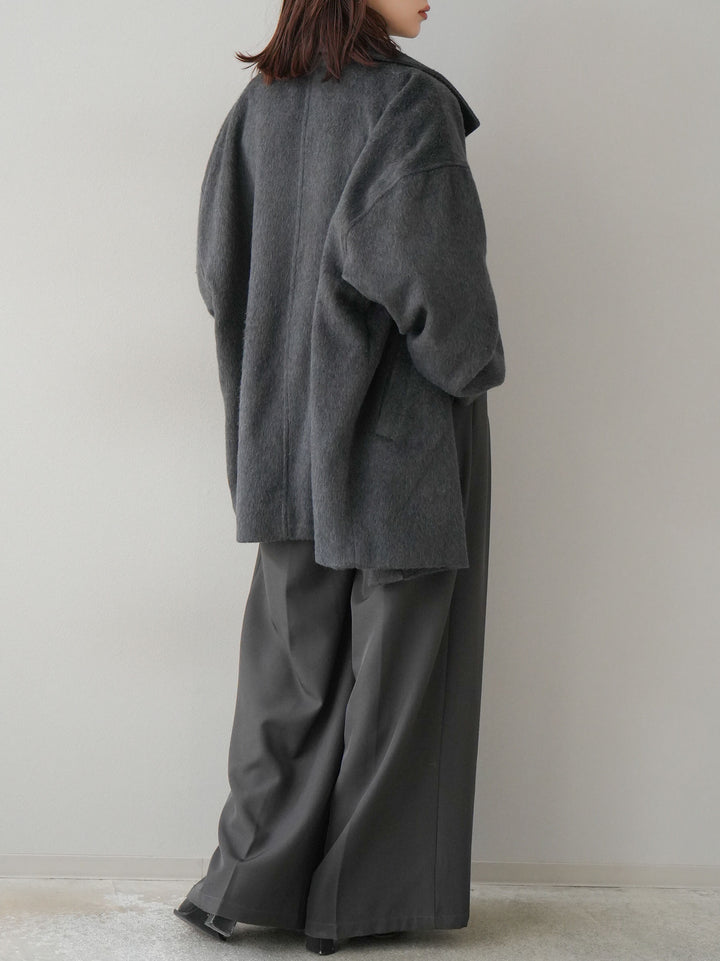 [SET]フェイクビーバーミドルコート+袖ボタンハイネックリブニットトップス+ベルト付ウールタッチワイドパンツL(3set)