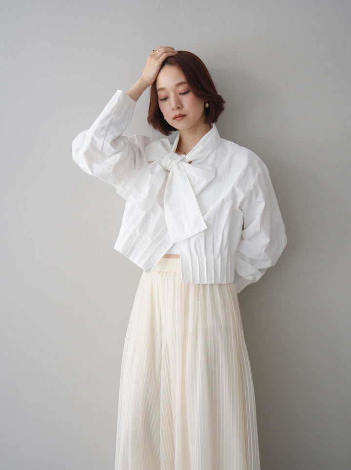 [SET]ボウタイ裾プリーツライトジャケット+ストライプチュールボリュームバギーパンツ(2set)