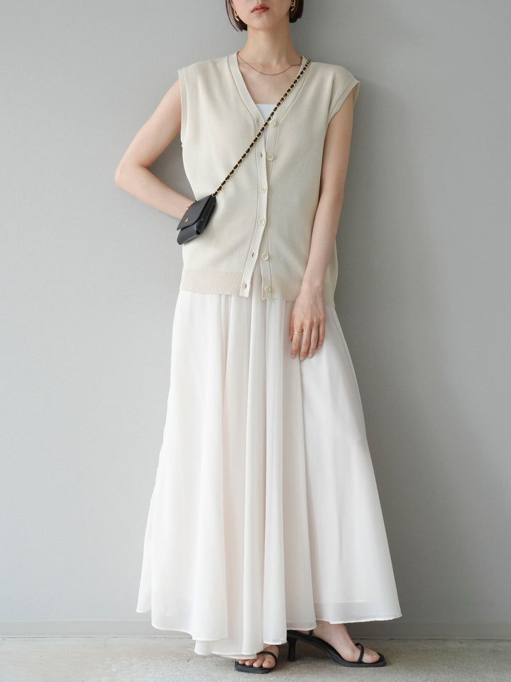 [SET] V領人造絲針織背心+雪紡喇叭裙（2件組）