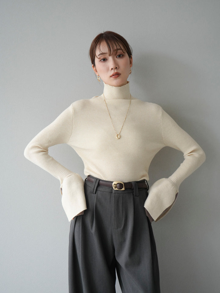 [SET] 疊層喇叭袖高領針織上衣 + 雙褶寬褲 (2 套)