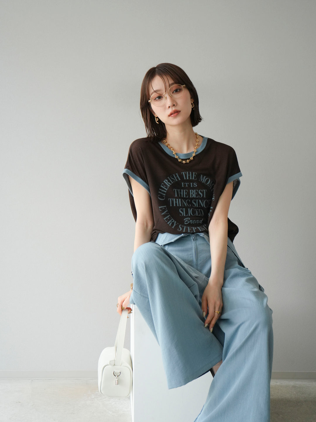 [SET]ストリングデザインハイウエストサロペット+シアーフライス ロゴプリントT (2set)