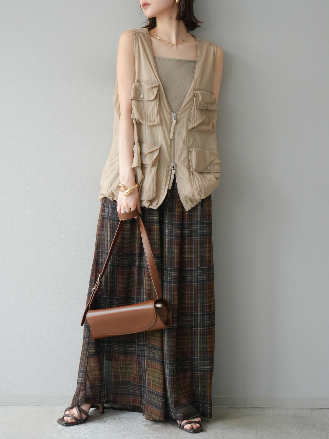 [預購] 透視格紋寬鬆褲/棕色
