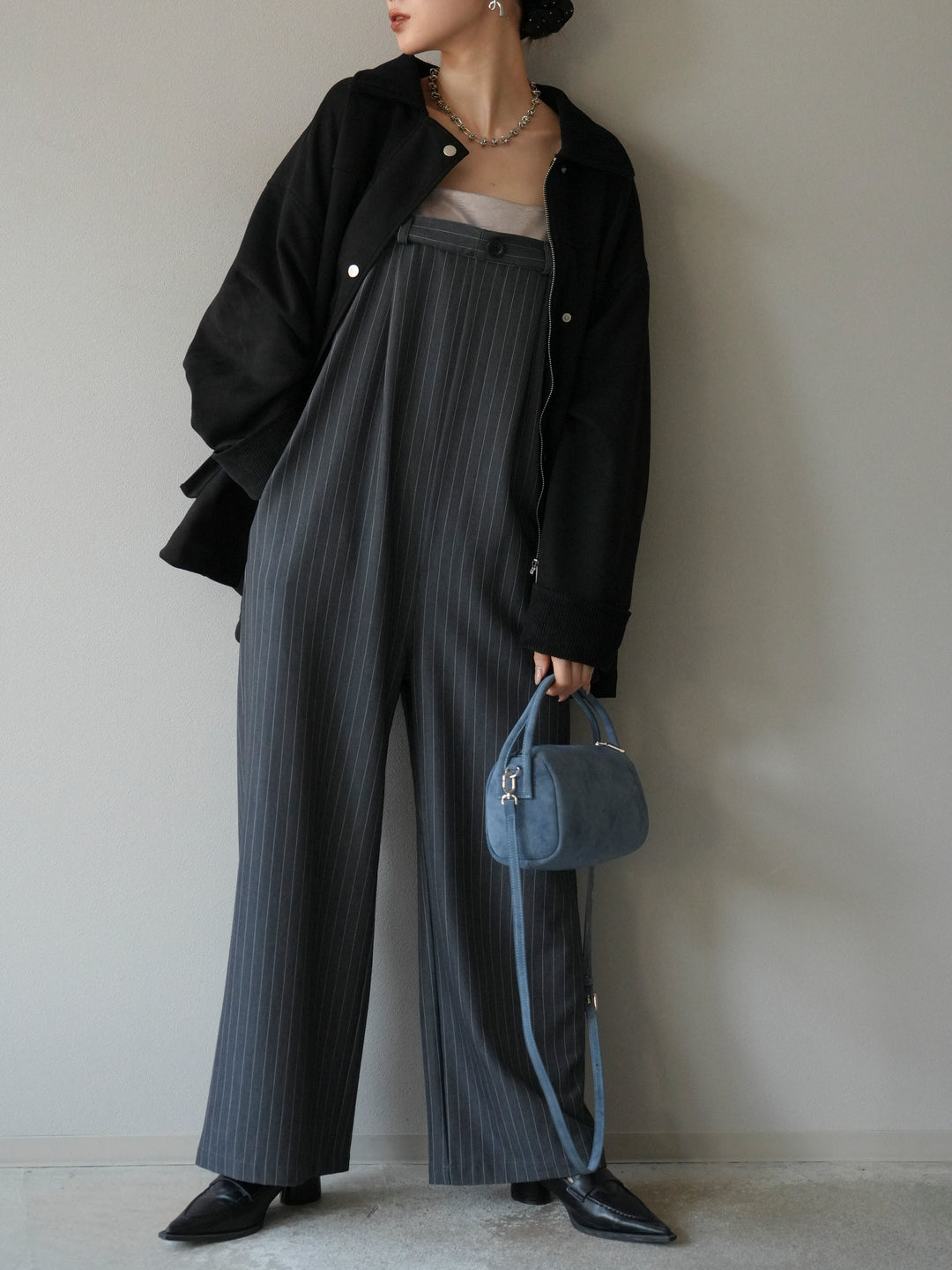 [予約]サテン切替ピンストライプサロペット/グレー