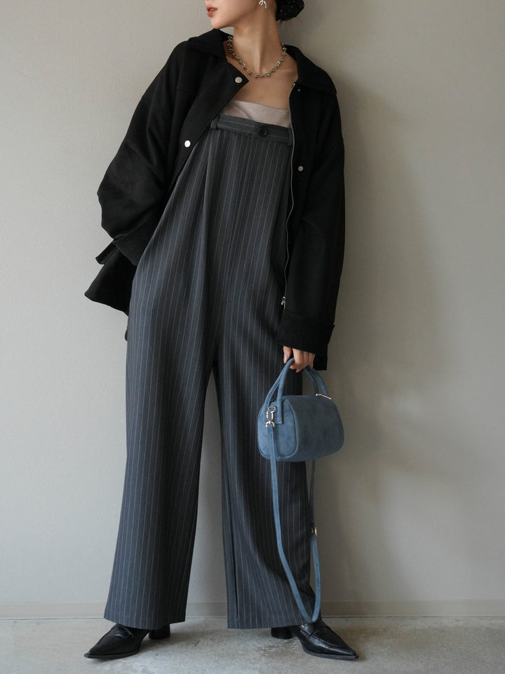 [予約]サテン切替ピンストライプサロペット/グレー