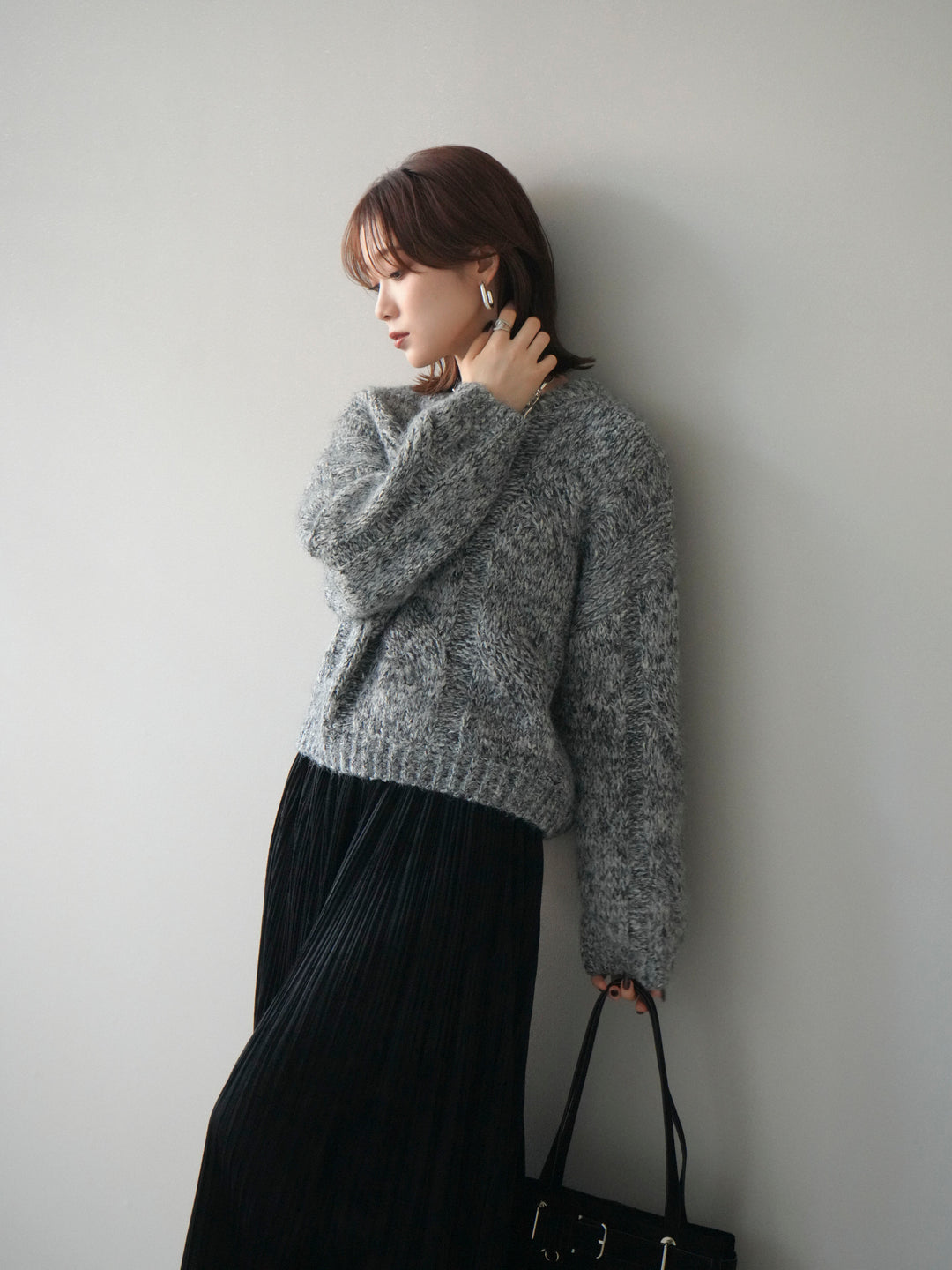 [予約]ワイドケーブルミックスニットプルオーバー/gray