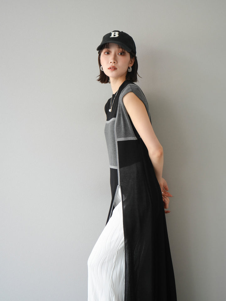 [SET] 配色開衩針織洋裝 + 波浪滾邊休閒褲 (2件套)