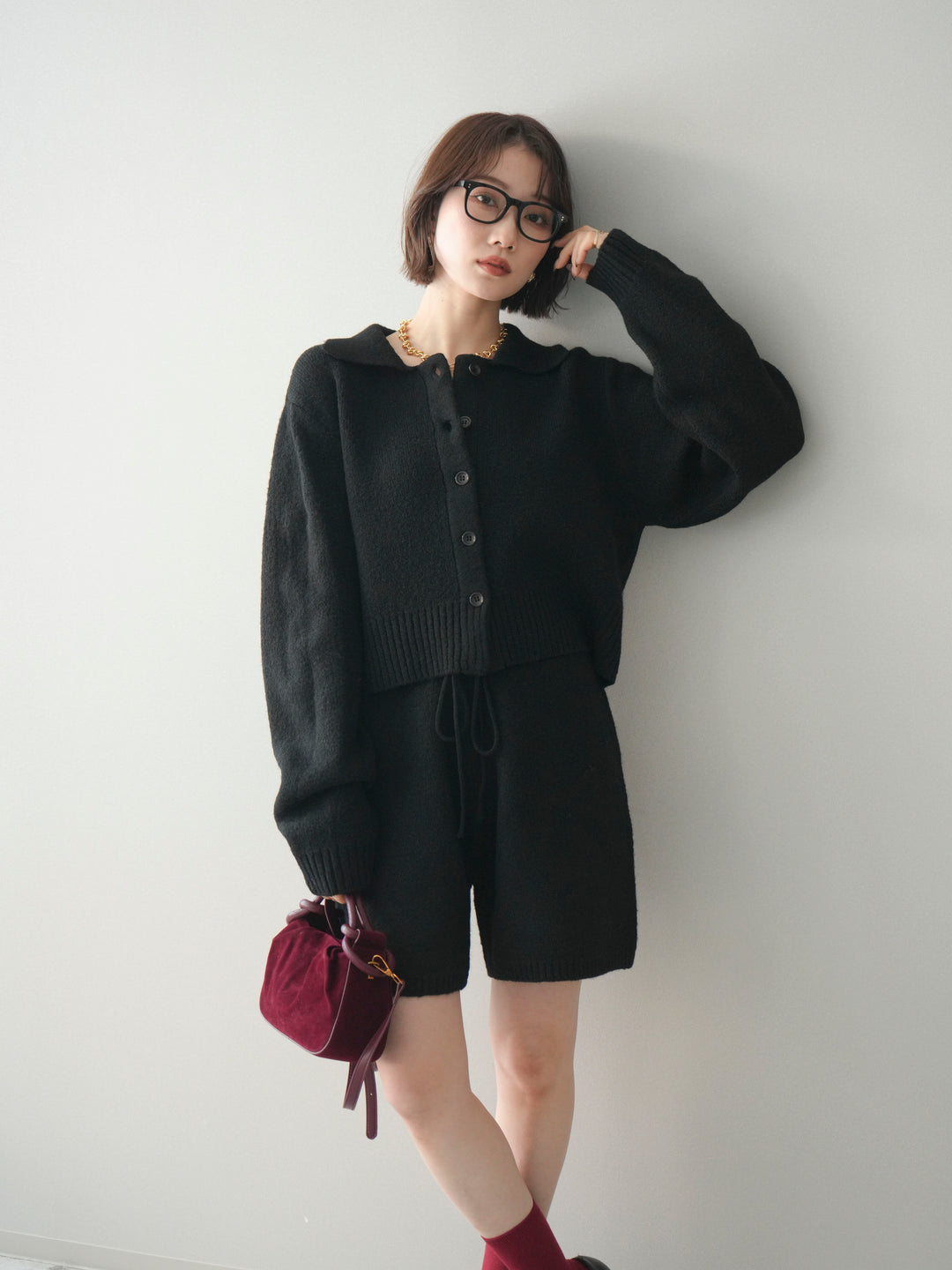 [予約]メランジニット襟付きクロップドカーディガン/black