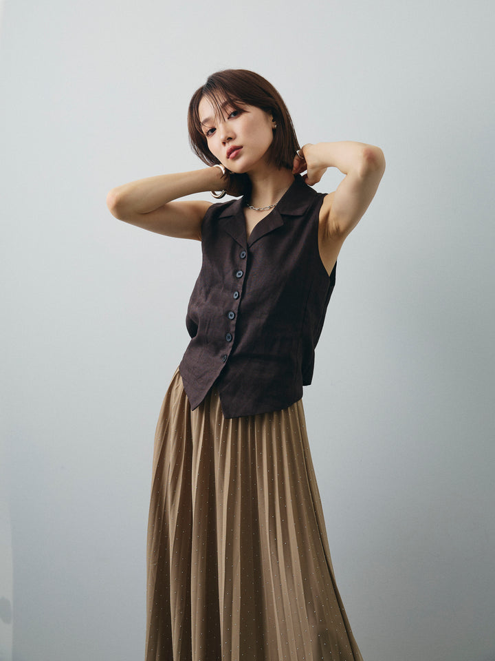 [SET]リネンライクテーラードジレ+ラインストーンプリーツスカート(2set)