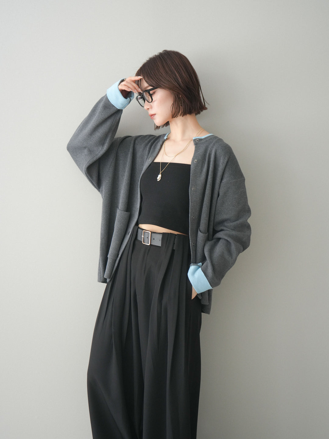 [SET]バイカラーオーバーニットカーディガン+タックベルトループワイドパンツ(2set)