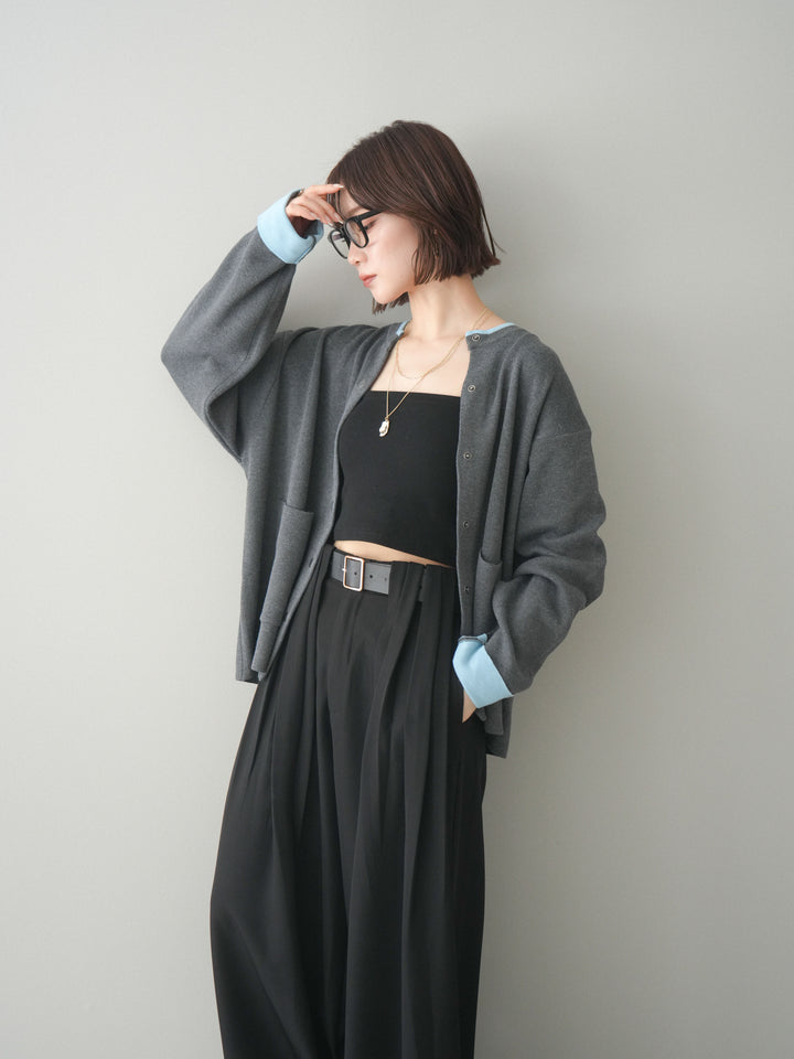 [SET]バイカラーオーバーニットカーディガン+タックベルトループワイドパンツ(2set)