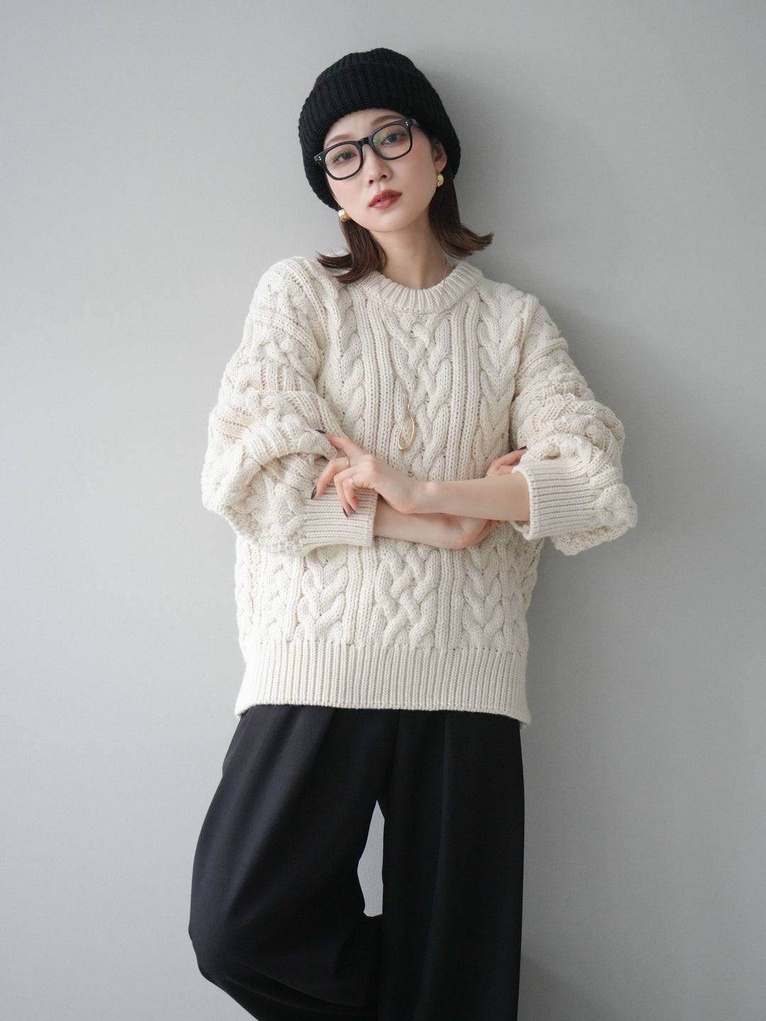 [予約]ボリュームケーブルニットプルオーバー/beige