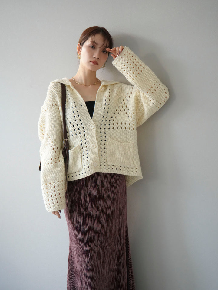 [予約]丸襟透かし編みニットカーディガン/オフ