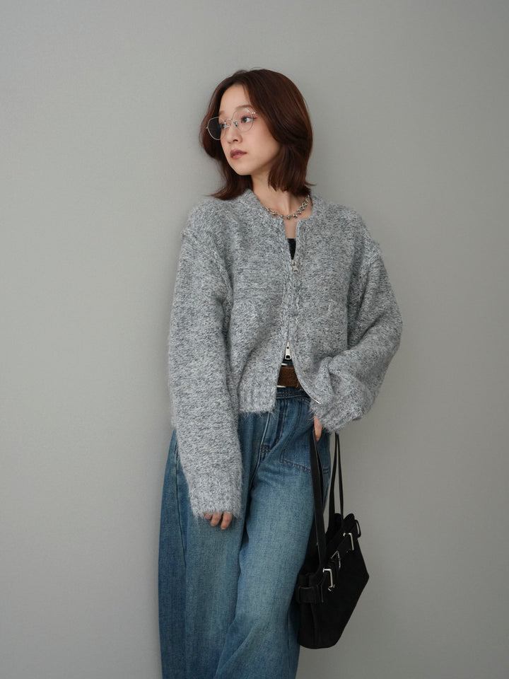 [SET]ミックスヤーンダブルZIPニットカーディガン+ベルト付裏起毛カーブデニムパンツ(2set)