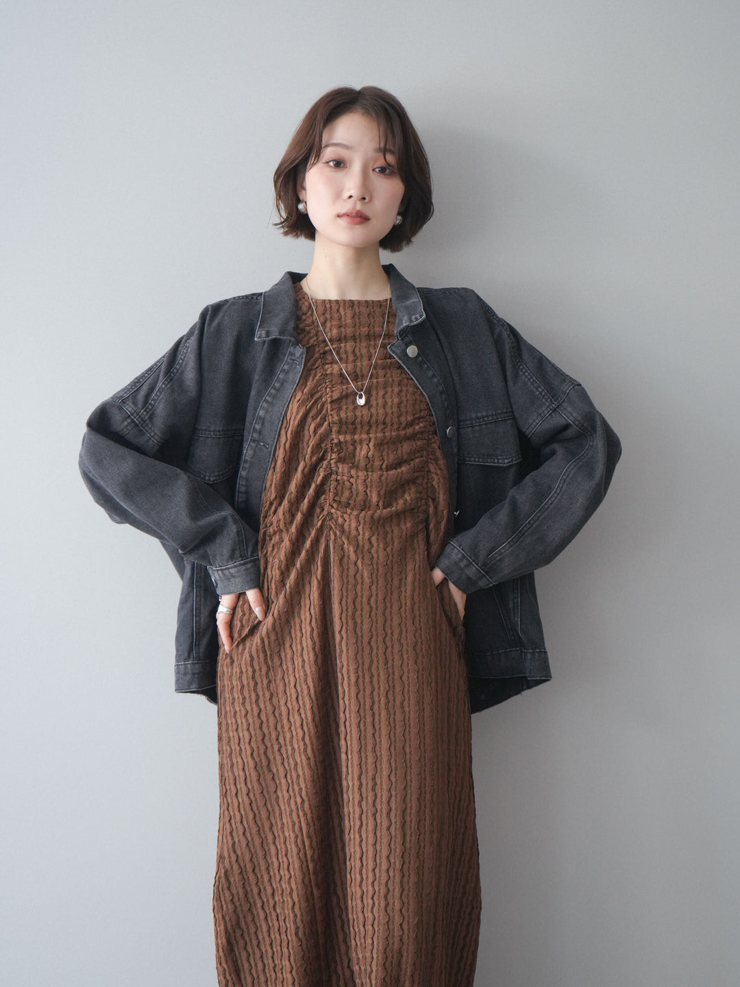 [予約]シャーリングジャガードノースリーブワンピース/brown