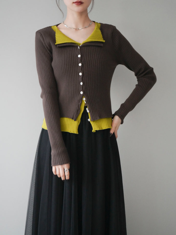 [予約]配色レイヤードリブニットカーディガン/brown