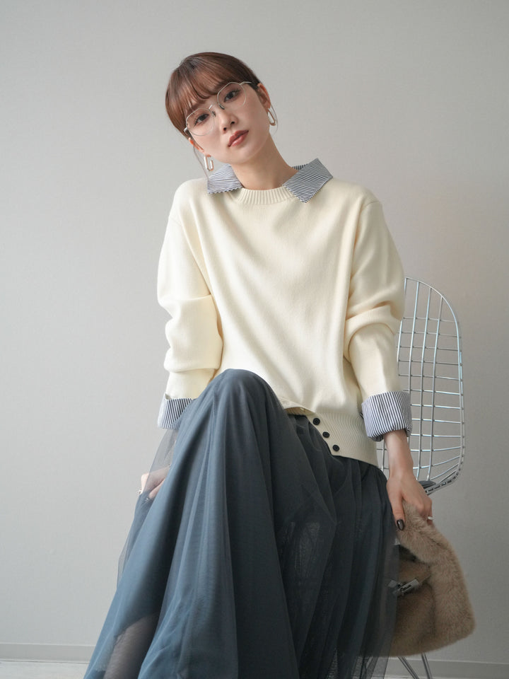 [予約]シャツドッキングデザイン裾ボタンニットプルオーバー/beige