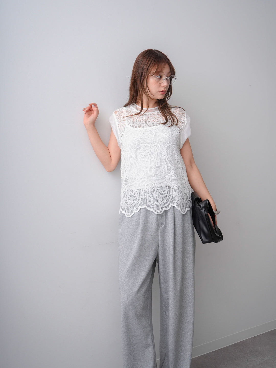 [SET]スカラップヘムレーストップス+リラックスドレープスウェットパンツ(2set)