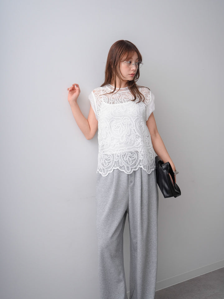 [SET]スカラップヘムレーストップス+リラックスドレープスウェットパンツ(2set)