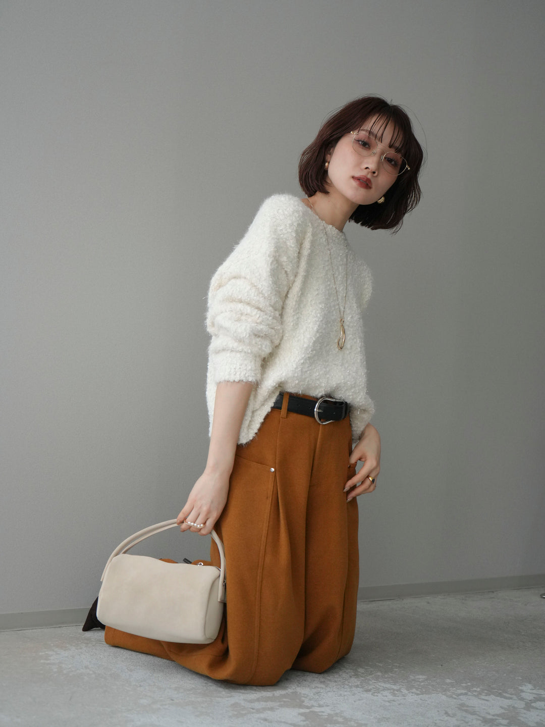 [SET]モールラメミックスヤーンニットプルオーバー+ベルト付起毛コクーンパンツ(2set)