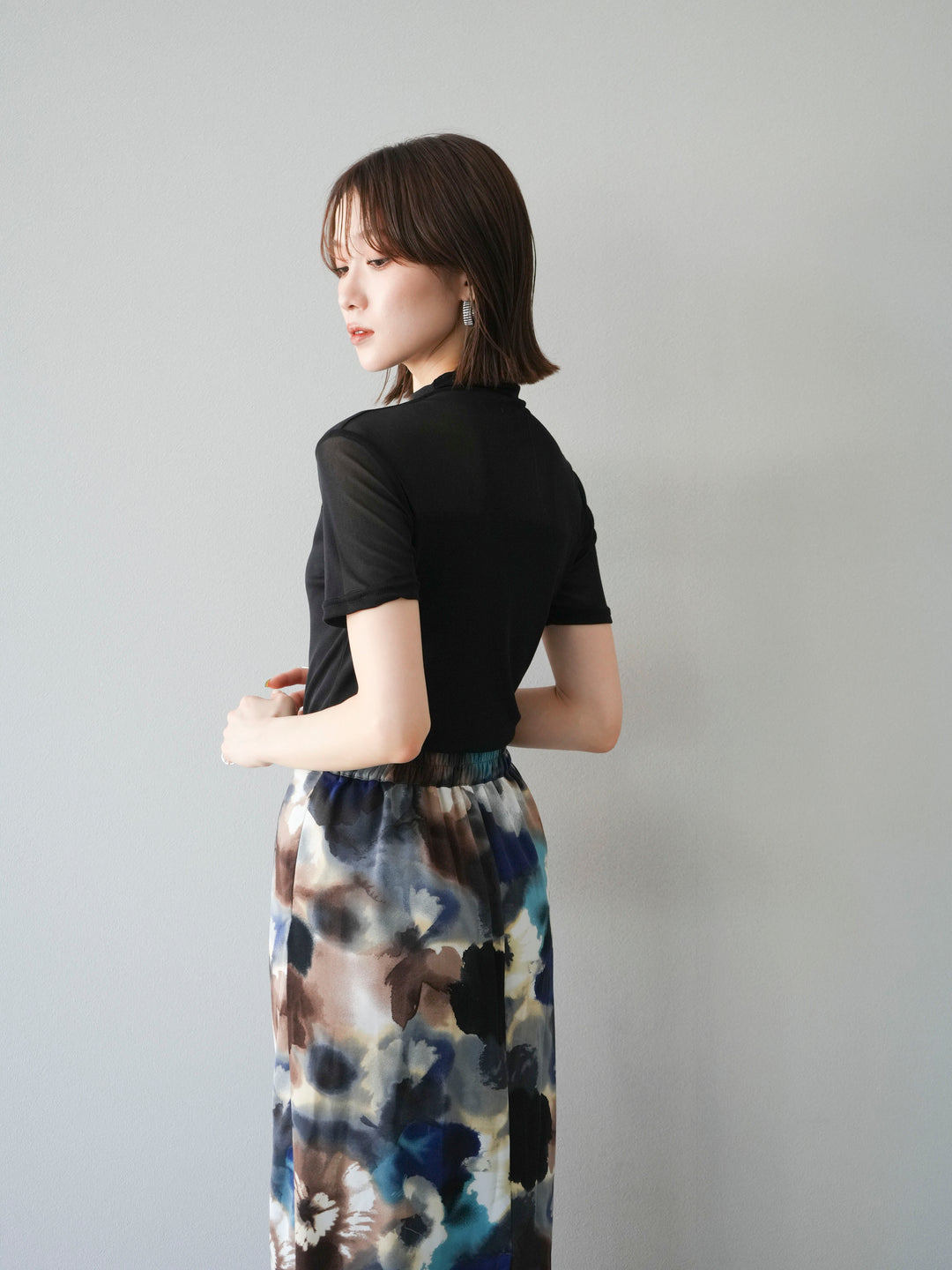 [SET] 透視半袖上衣 + 水彩印花褶襉I字裙 (2set)