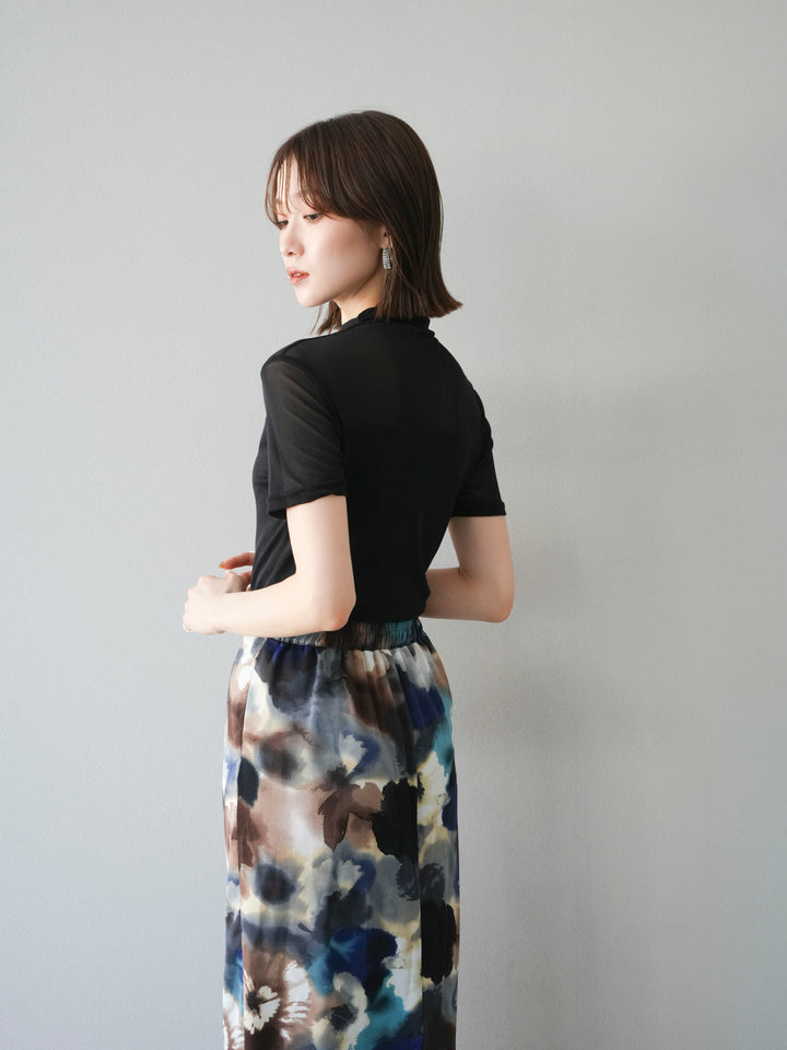 [SET] 透視半袖上衣 + 水彩印花褶襉I字裙 (2set)