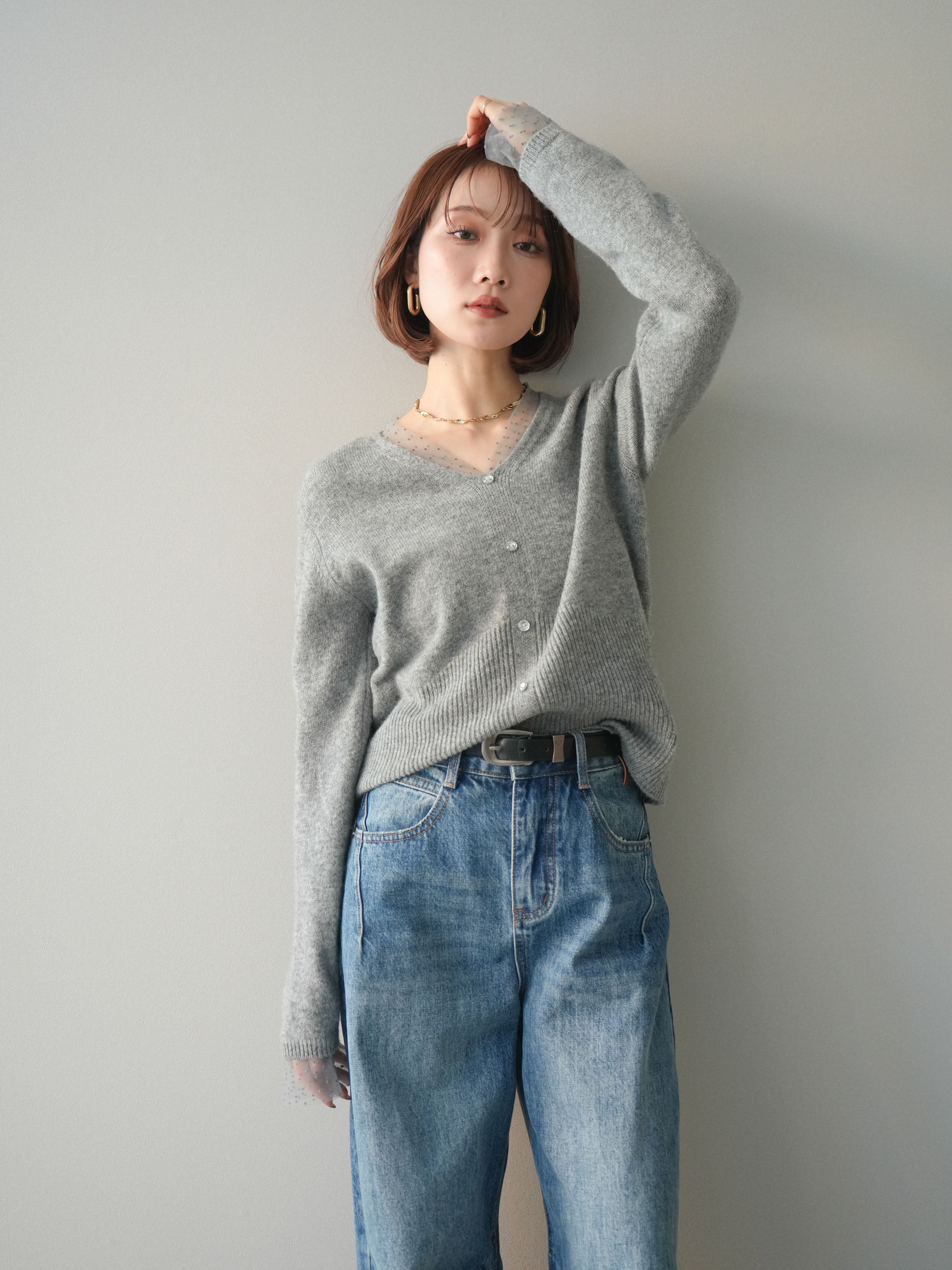 予約]ドットチュールレイヤードボタンニットトップス/gray – Lumier