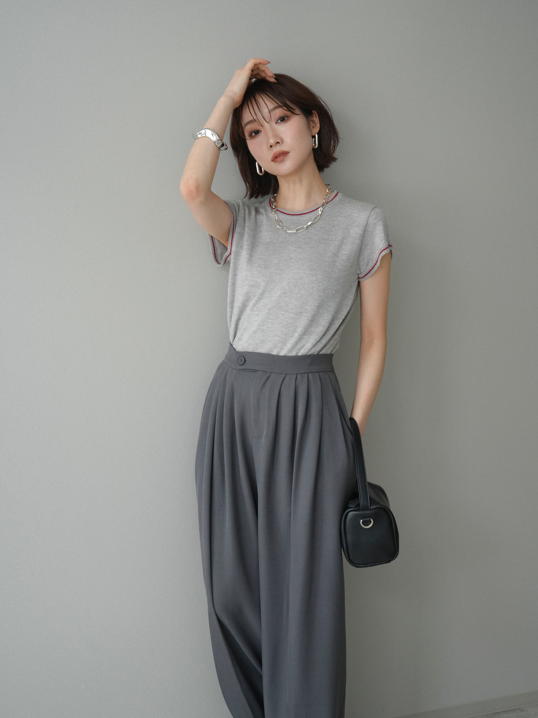 [SET]配色ハーフスリーブニットトップス+選べるアクセセット(2set)