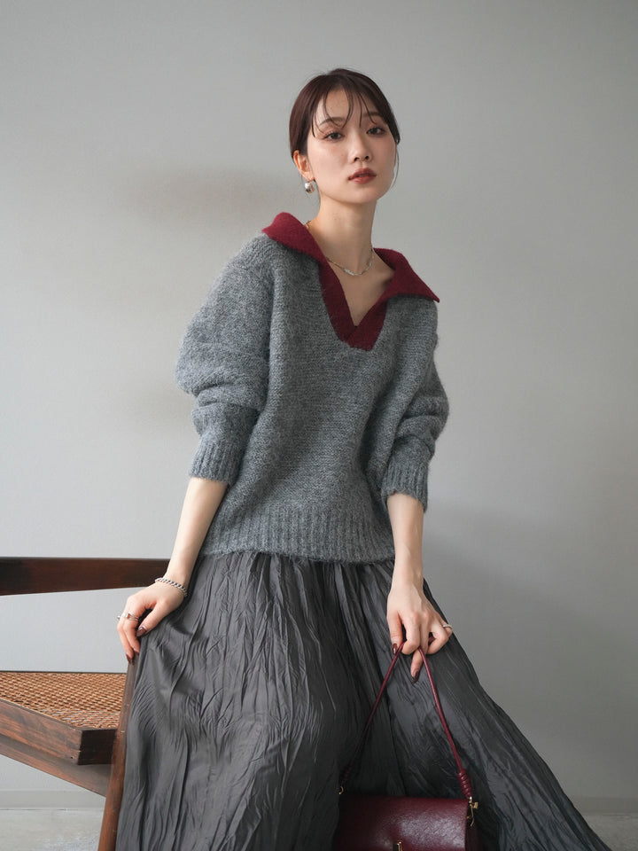 [予約]バイカラー襟付きニットプルオーバー/gray