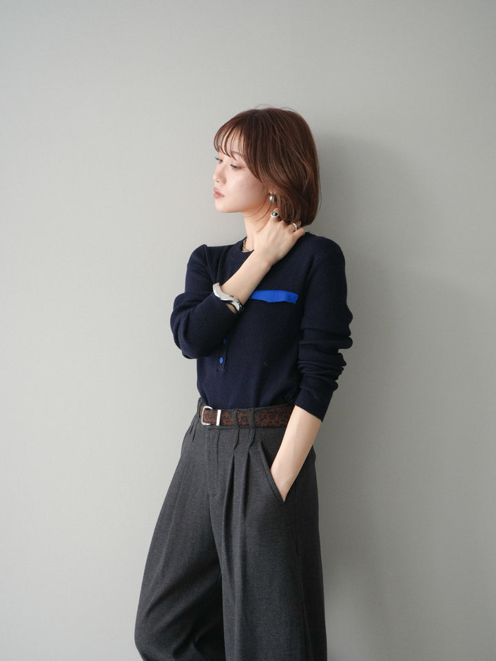 [SET]バイカラーデザインポケット配色ヘンリーネックニットソー+アニマル柄ベルト付きウールタッチワイドパンツ(2set)