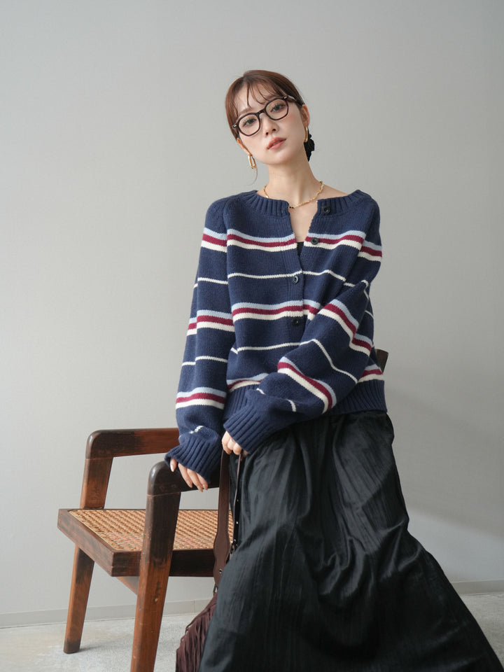 [予約]ランダムボーダーニットカーディガン/navy