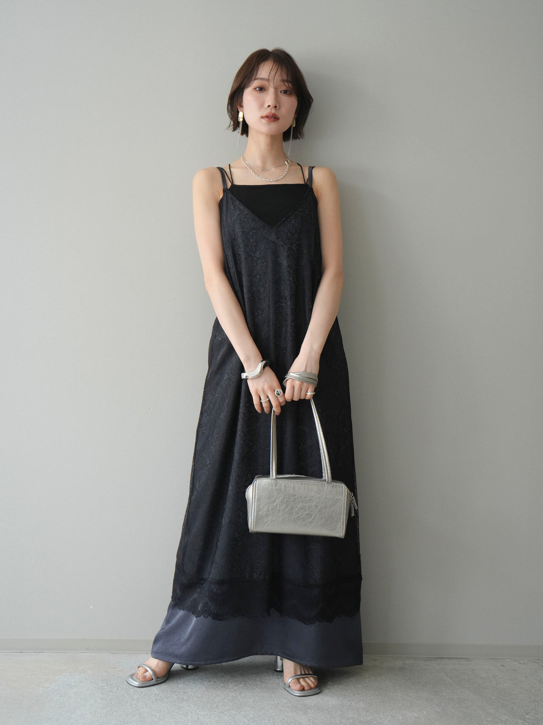 [予約]サテンレースレイヤードキャミワンピース/black