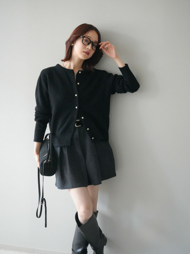 [SET]アンティークボタンニットカーディガン+ベルト付きタックミニスカート(2set)