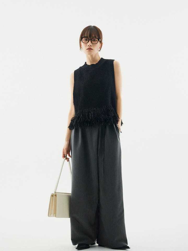 【Allure】[SET]フェザーヤーンニットベスト+ラップデザインタックワイドパンツ(2set)