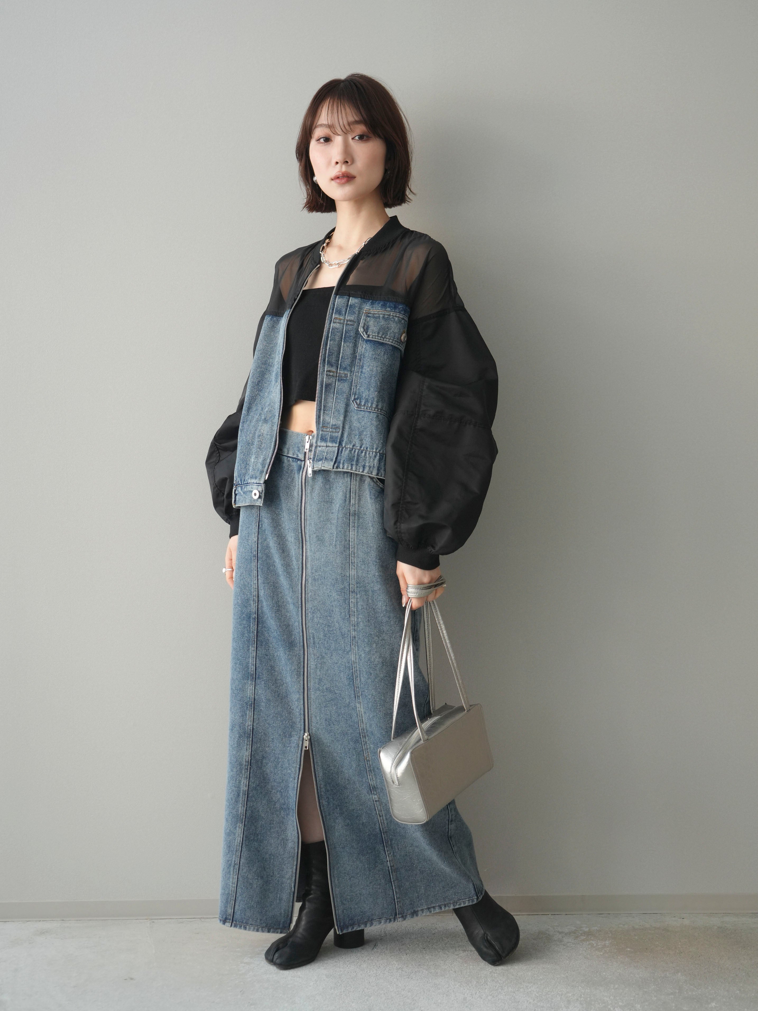 SET]異素材デニムブルゾン+フロントジップデニムスカート(2set) – Lumier