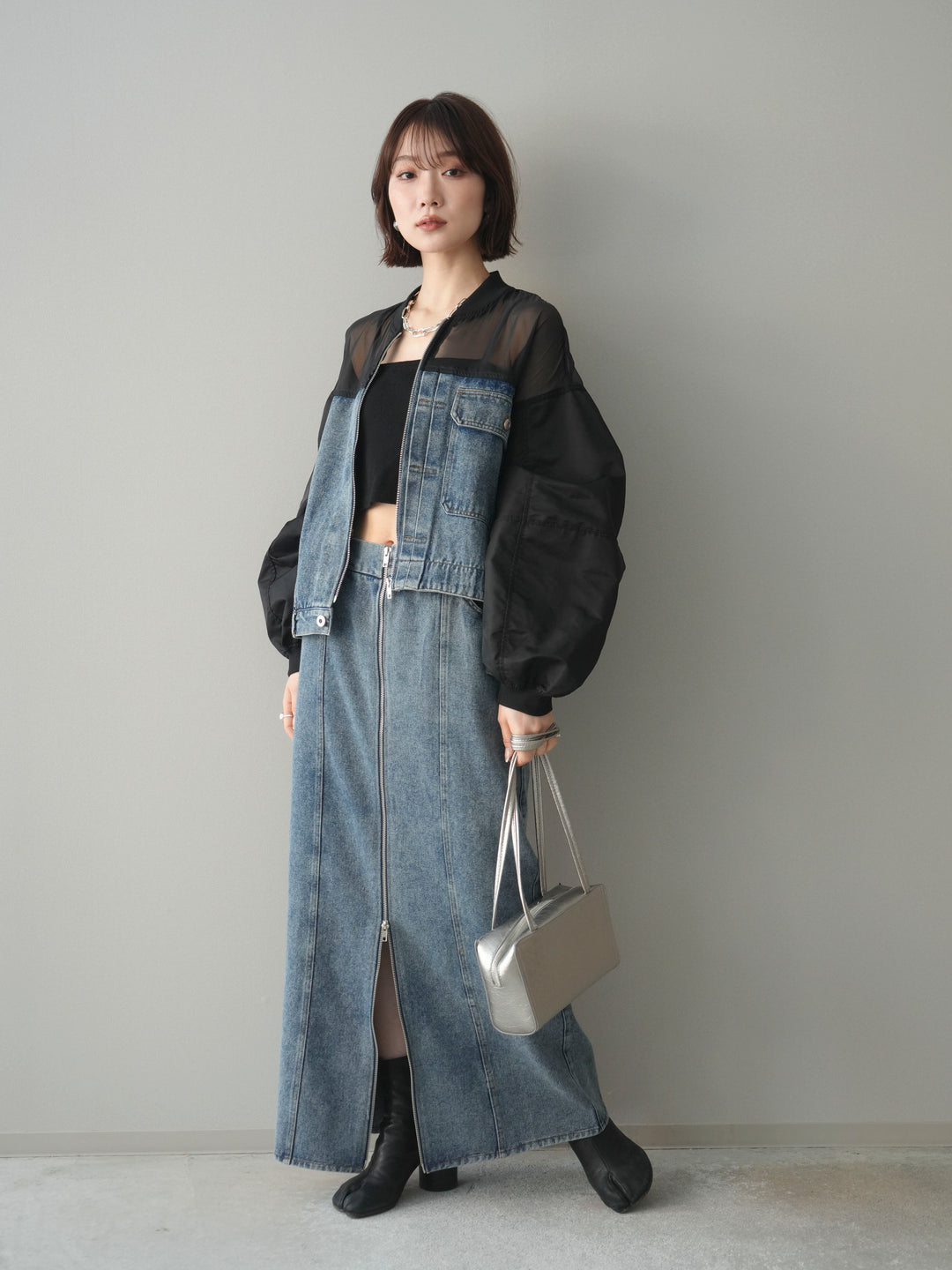 [SET]異素材デニムブルゾン+フロントジップデニムスカート(2set)