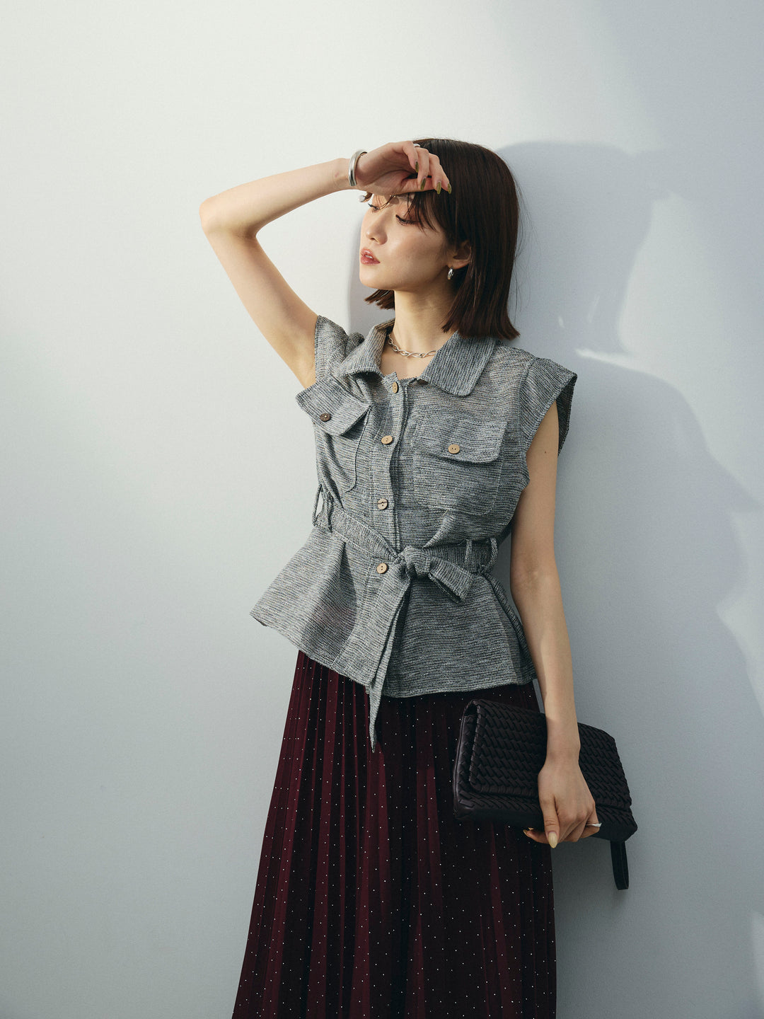 [SET]ミックスヤーンメッシュブラウス+ラインストーンプリーツスカート(2set)