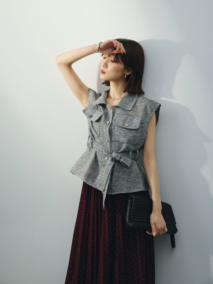 [SET]ミックスヤーンメッシュブラウス+ラインストーンプリーツスカート(2set)