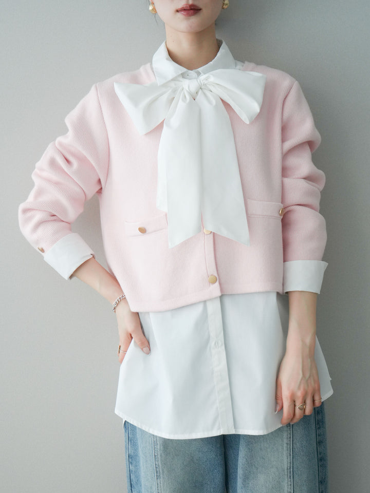 [予約]ゴールドボタンノーカラーニットジャケット/pink