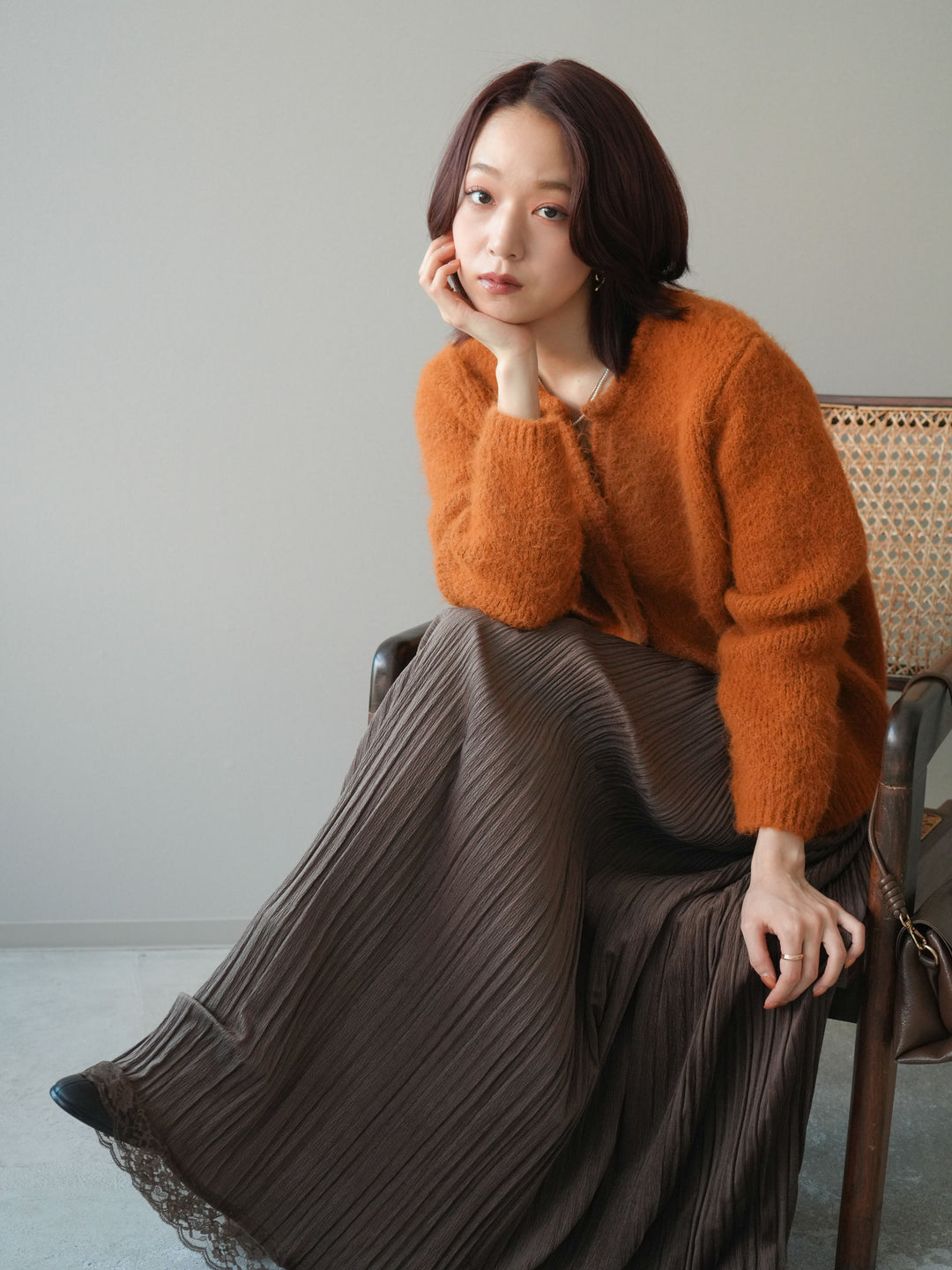 [予約]キーネックシャギーニットカーディガン/camel