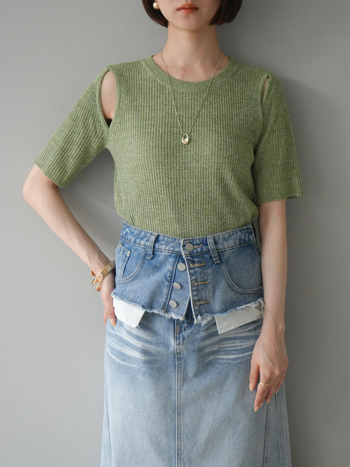 [予約]MIXニットショルダースリットプルオーバー/グリーン