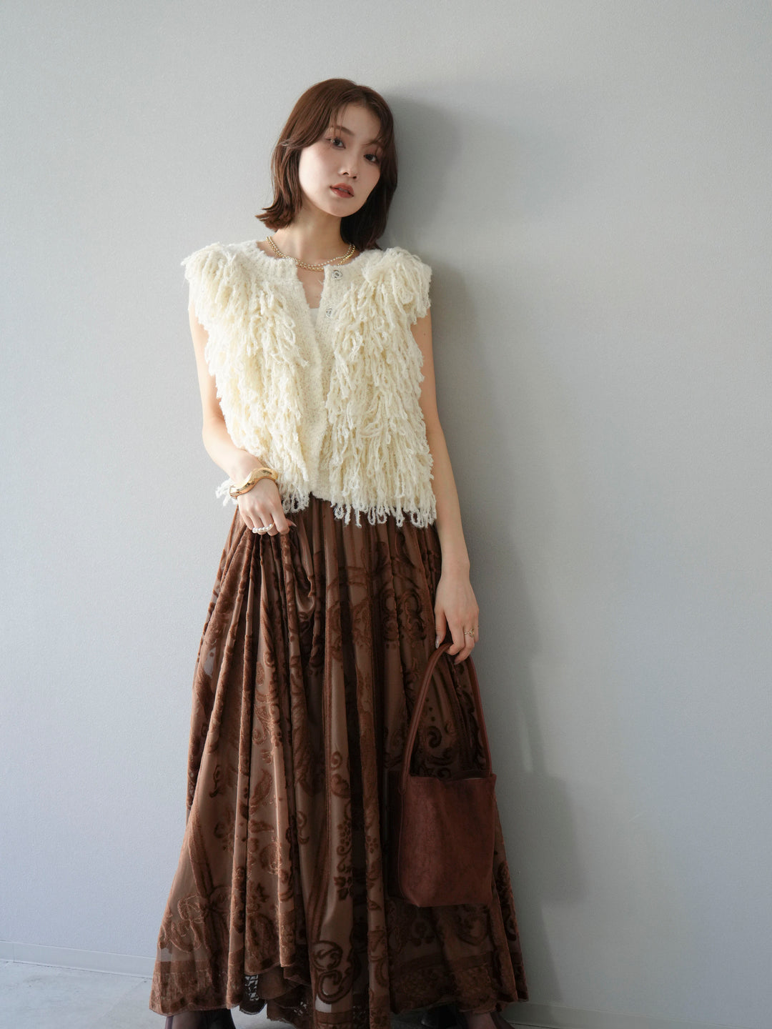 [SET]フリンジループニットベスト+アンティーク柄フロッキーマキシスカート(2set)