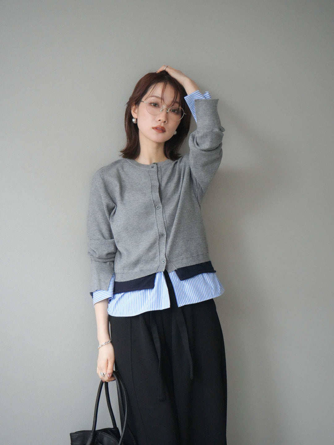 [SET]シャツ襟レイヤードニットカーディガン+ベルト付スウェットワイドパンツ(2set)