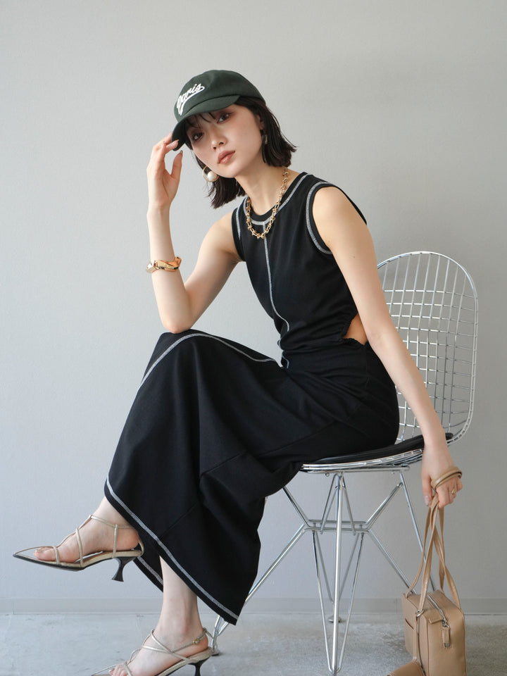 [予約]ウエストオープンステッチカットワンピース/ブラック