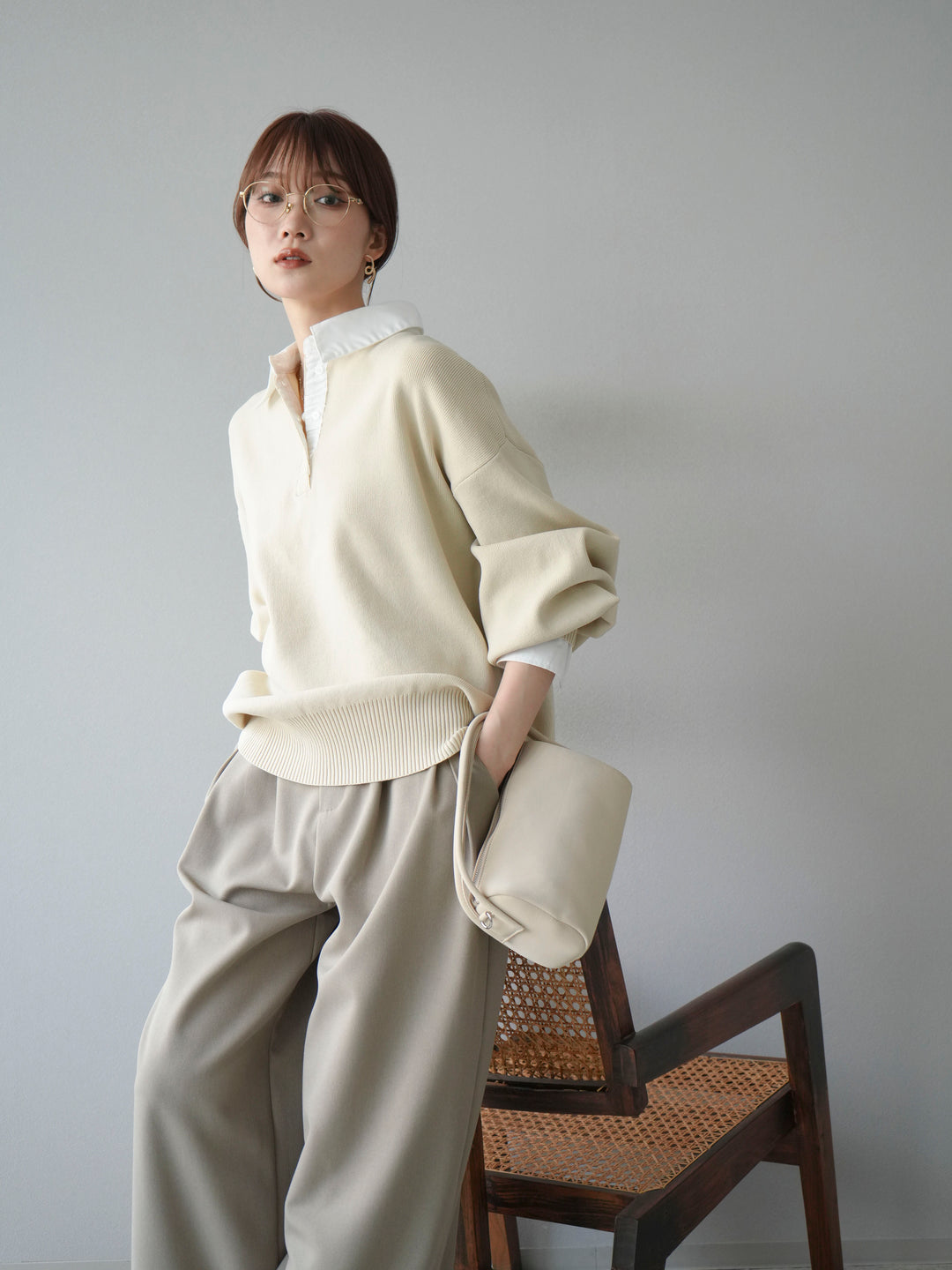 【SET】翻領polo針織套衫+雙褶闊腿褲（2件組）