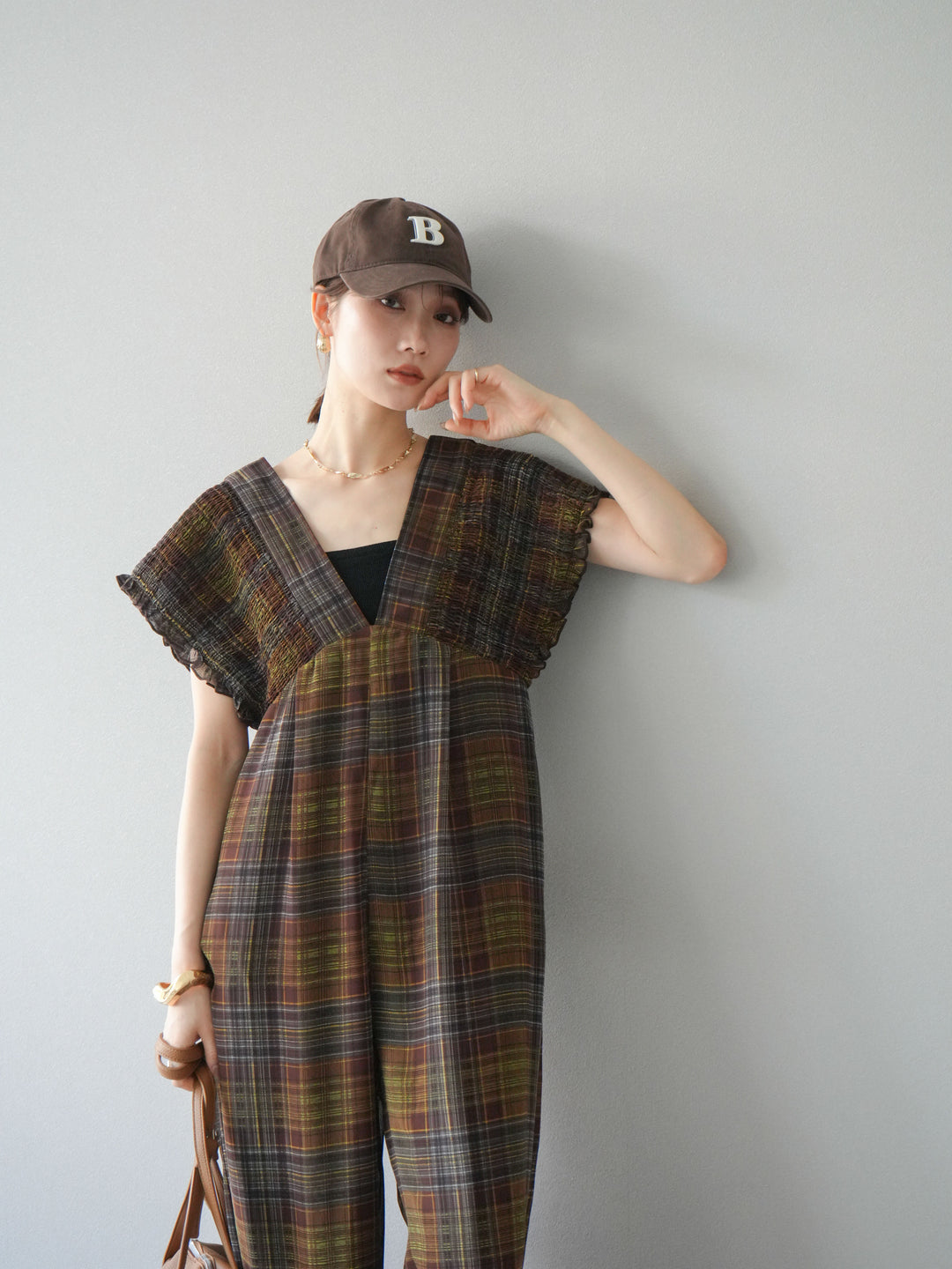 [套裝] 透視格紋褶皺背帶褲 + 配件套裝（2 套）