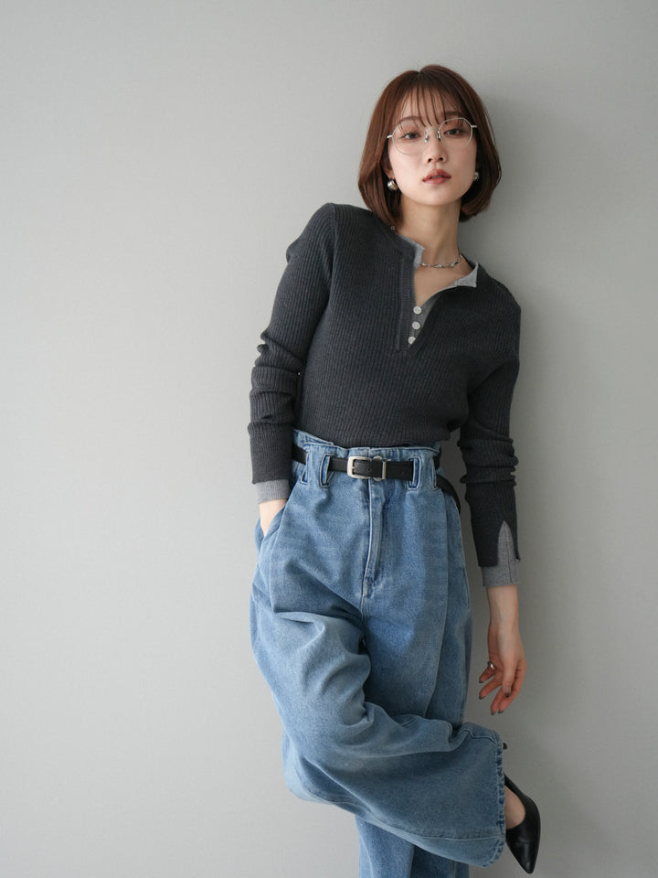 [SET]バイカラーキーネックリブニットトップス+ハイウエストベルトループデザインデニムパンツ(2set)