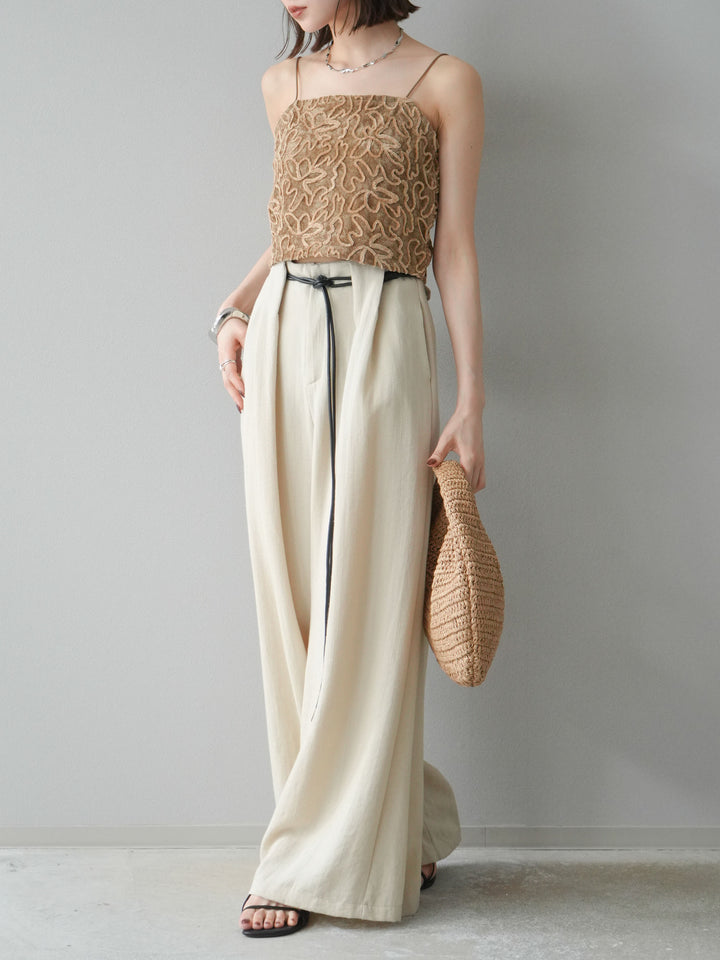 【預購】繩紋設計腰帶亞麻觸感寬褲/米色